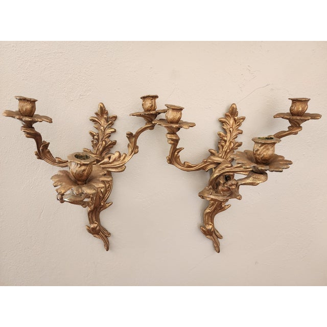 Antique Art Nouveau Pair Heavy Cast Gilt Brass 3 Light Wall Sconces With Aged Patina For Sale - Image 12 of 16