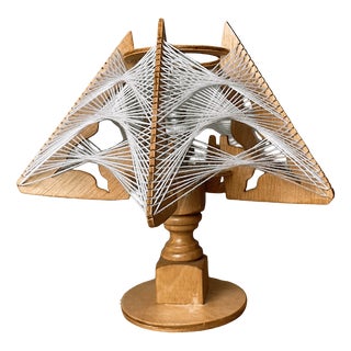 Mid-Century Portuguese Geometric Wood and String-Art Table Lamp, 1960s For Sale