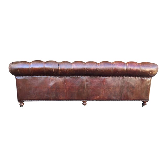 Restoration Hardware Chesterfield Cognac Leather Sofa With Brass Nailhead & Casters For Sale - Image 15 of 18