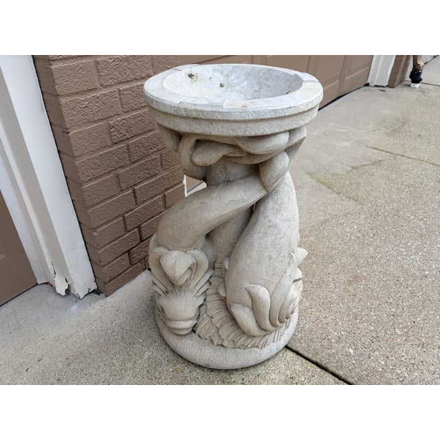Late 20th Century Vintage Neoclassical Triple Dolphin Cast Stone Garden Pedestal For Sale - Image 5 of 9
