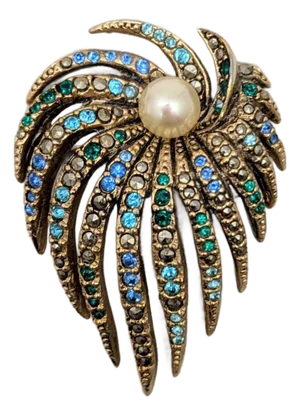 Vintage 1980s Signed Les Bernard Goldtone Faux-Pearl & Rhinestone Brooch