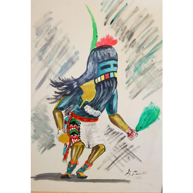 A vintage oil on canvas painting of a dancing Indian Kachina. The Pueblo cultures believe that spirit beings called...