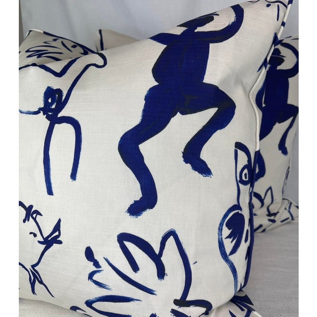 Custom pair of 22" pillows covered in Kelly O'Neil fabrics "Pablo" in indigo on bone linen. These pillows are self welted,...
