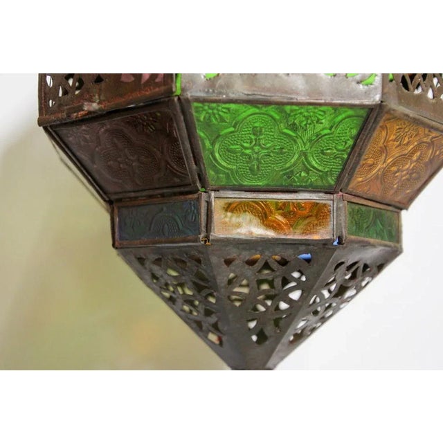 Brown Handcrafted Moroccan Metal and Multi-Color Glass Lantern Octagonal Diamond Shape For Sale - Image 8 of 13