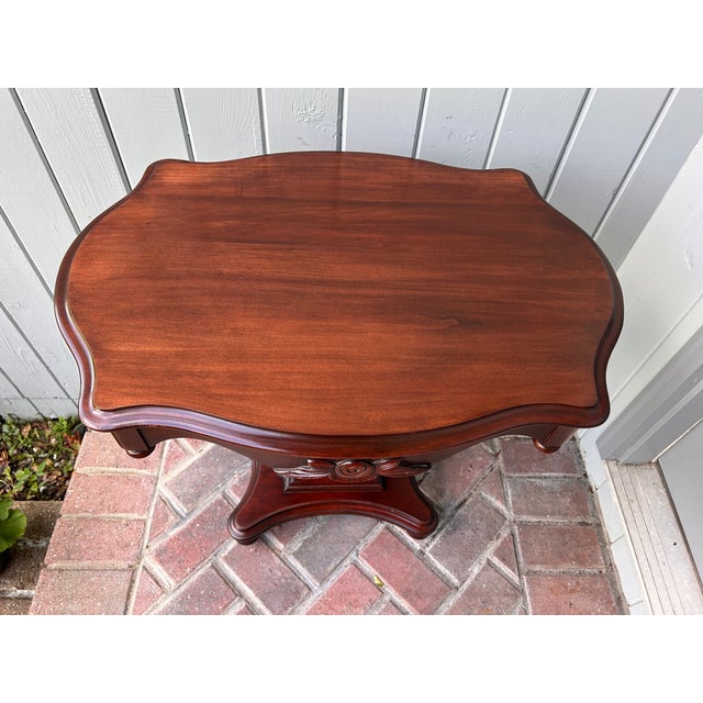 Vintage Lyre Base End Tables - Pair of Carved Mahogany Tone Harp Side Tables For Sale - Image 4 of 11