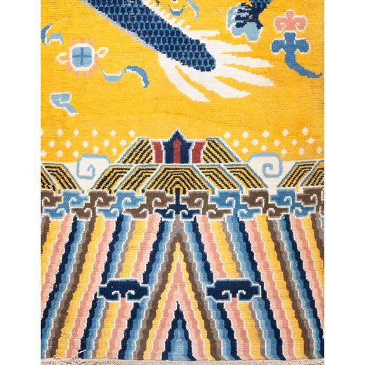 Handwoven in wool, this 3x10 vintage Chinese pillar runner from circa 1912–1949 reflects the rich symbolism and artistry...