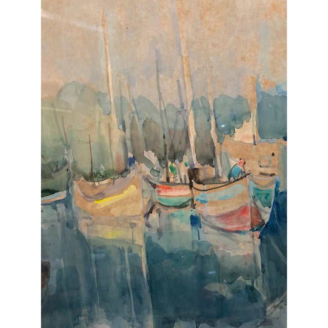 Mid-Century Modern Boat Harbor Original Water Color by Avraham Binder (1906-2001) Harbor Sailboats and Water For Sale - Image 3 of 6