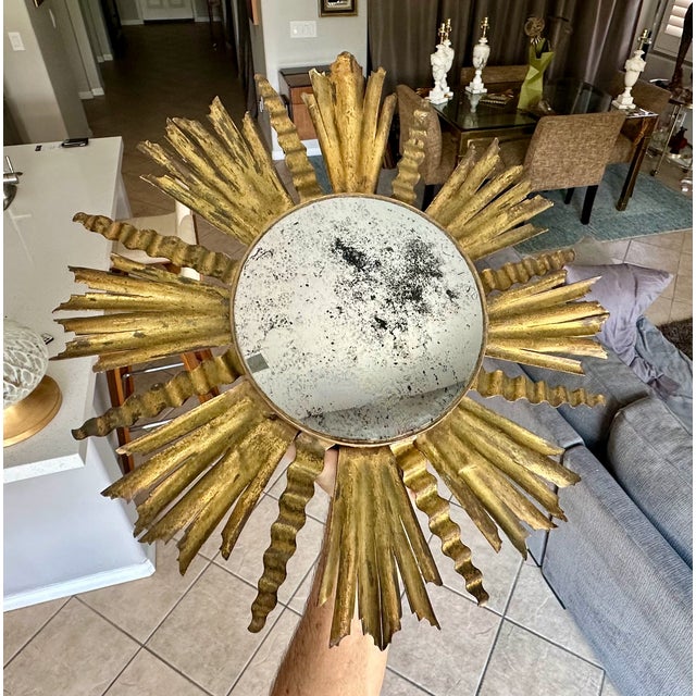 Sunburst Gilt Metal Oval Convex Wall Art Mirror For Sale In Palm Springs - Image 6 of 16