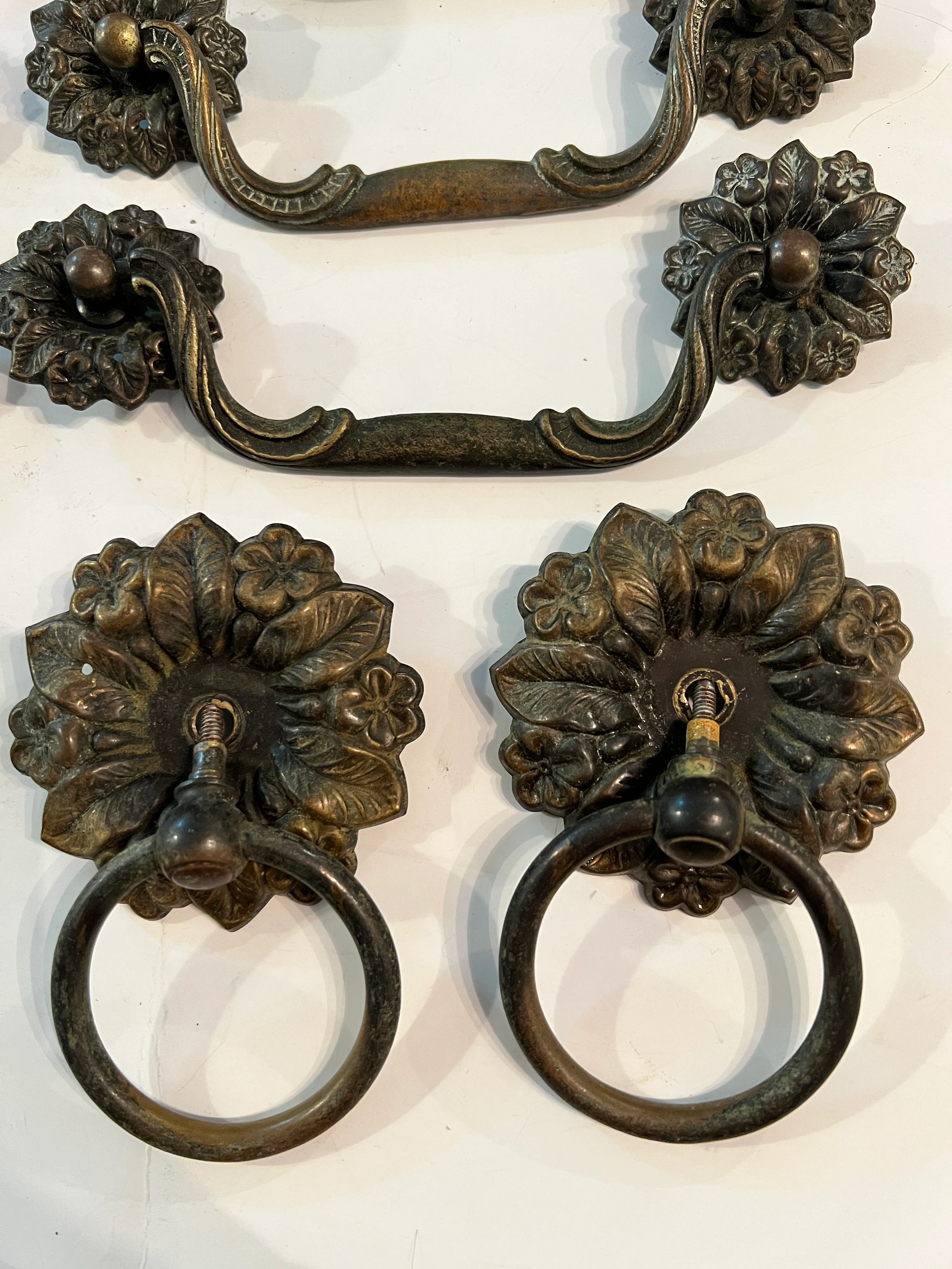 Vintage Keeler Brass Co Antiqued Brass Drop Bail Pull With Round Rosettes &  2 Drop Ring Pulls With Rosettes - 9 Piece Set | Chairish