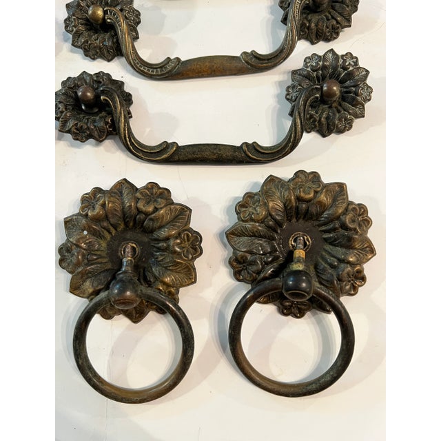 Brass Vintage Keeler Brass Co Antiqued Brass Drop Bail Pull With Round Rosettes & 2 Drop Ring Pulls With Rosettes - 9 Piece Set For Sale - Image 8 of 8