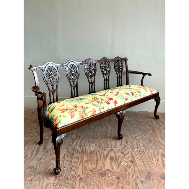 Oxblood Red Vintage Regency Carved Georgian Bench in Scalamandre Flora For Sale - Image 8 of 12