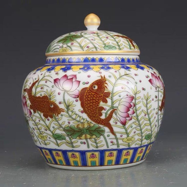 Famille Rose Porcelain Ginger Jar With Koi Fish & Lotus Motif | Chairish