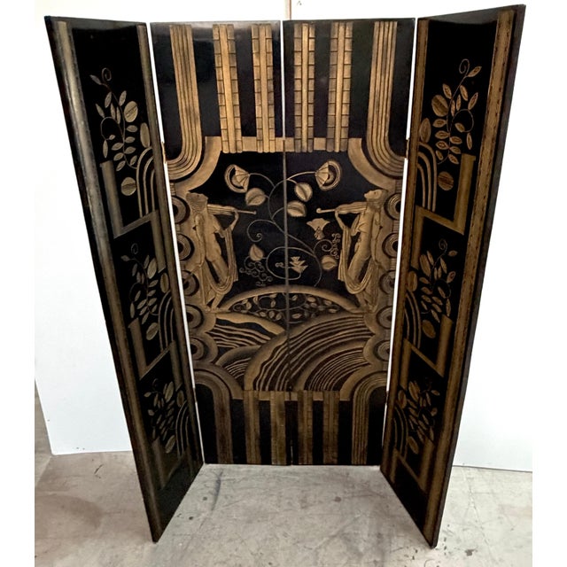 Art Deco 4-Panel Black Lacquer & Gilt Screen, Attributed to Paul Fehér, 20th C. For Sale - Image 13 of 14