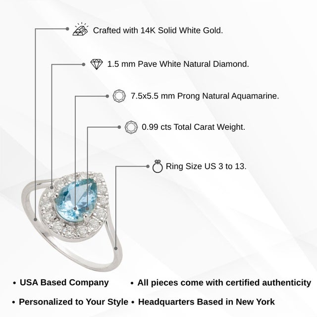 Art Deco 14k White Gold 1 Ct Aquamarine and Diamond Halo Cocktail Ring Size 5.5 For Sale - Image 12 of 17