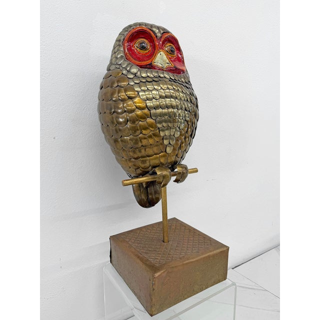 Sergio Bustamante Brass and Hand Painted Paper Mache Owl Sculpture, Sergio Bustamante, 1970's For Sale - Image 4 of 7