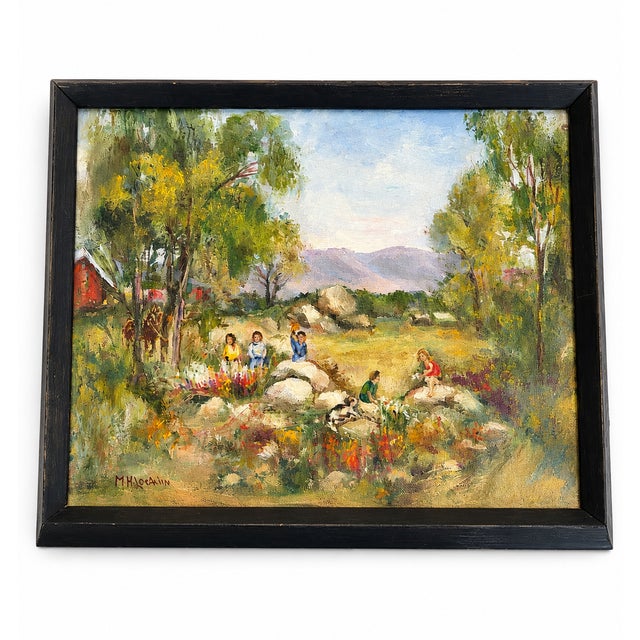 1960s Original Signed Rural Landscape Painting With Barn and Horse and Children & Dog in Black Wood Frame For Sale - Image 16 of 16