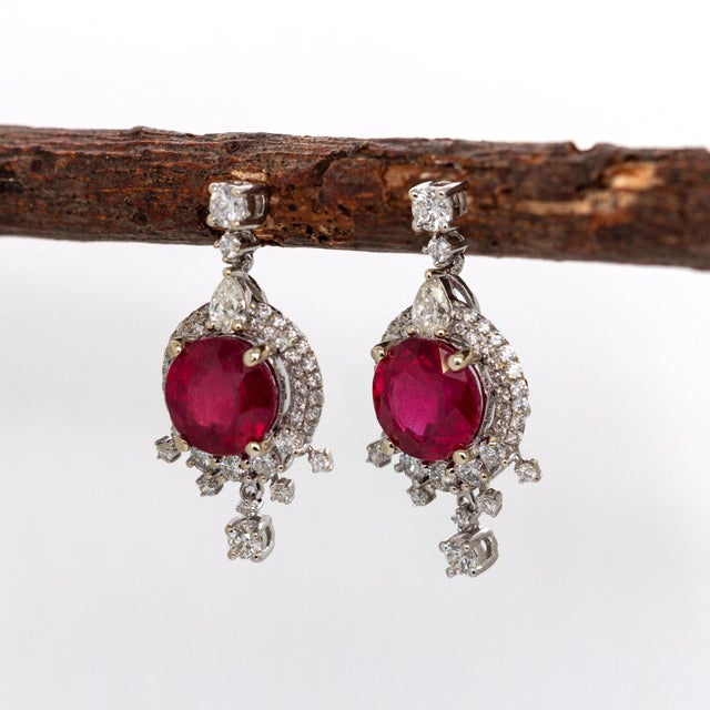 Art Deco 8mm, 5.6cts Madagascar Ruby & Natural Diamonds Dangle Earrings in Solid 14k Gold- 2 pieces For Sale - Image 3 of 5