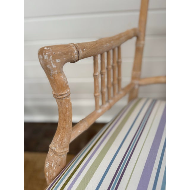 John Rosselli Bamboo White Washed Arm Chair With Striped Cushion Seat For Sale - Image 11 of 14