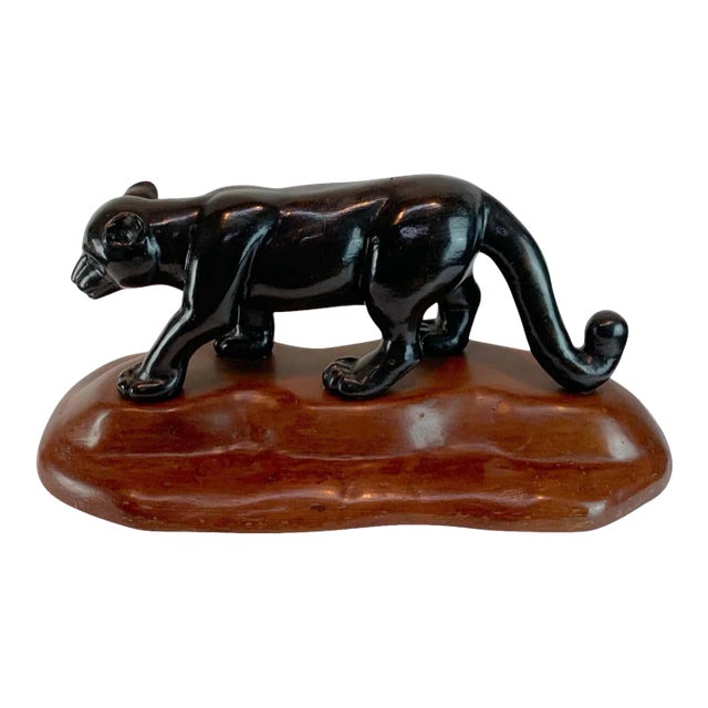 Mid 20th Century French Modern Carved Wood Sculpture of Black Panther/ Jaguar For Sale