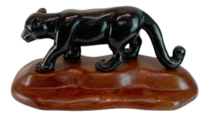Mid 20th Century French Modern Carved Wood Sculpture of Black Panther/ Jaguar