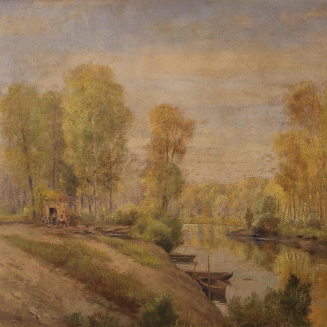 Italian painting from the mid-20th century. Oil painting on masonite depicting a countryside view, river landscape with...