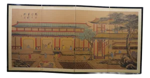 Chinese Painted Silk 4 Panel Folding Screen Dynasty Courtyard Black Lacquer 72"