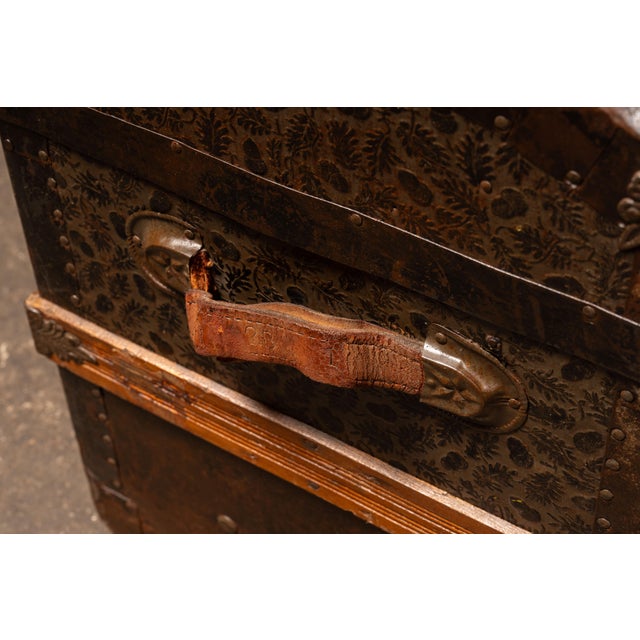 Antique Embossed Metal Dome Top Steamer Trunk For Sale - Image 9 of 11