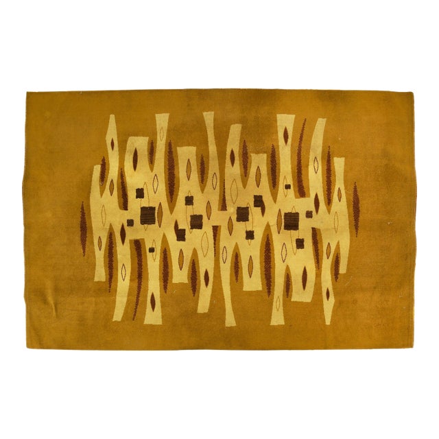 Vintage French Geometric Tapestry in Camel Brown and Gold Tones - Rug & Kilim For Sale