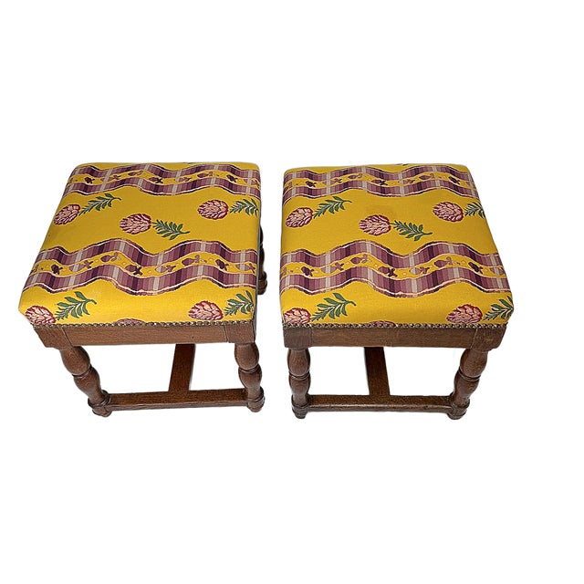 1900 - 1909 Antique Pierre Frey Upholstery Louis XIII Style Oak Ottomans - A Pair For Sale - Image 5 of 8