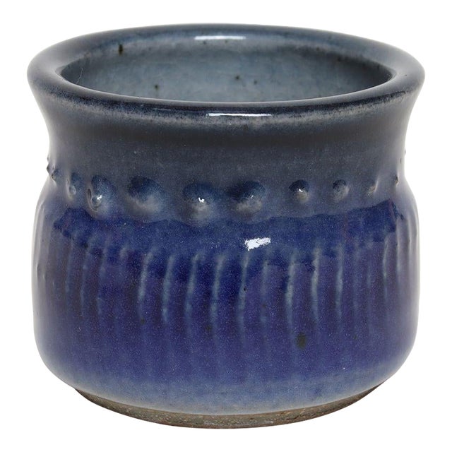 Petite Vintage Cobalt Glazed Studio Stoneware Incised Vessel by Deanna Nichols For Sale