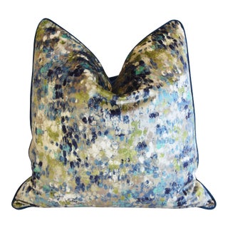 Monet Blue, Green, Turquoise, and White Impressionist Velvet Feather/Down Pillow 24" Square For Sale