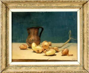 Mid 20th C Still Life Painting. Onions and Copper Jug, Framed