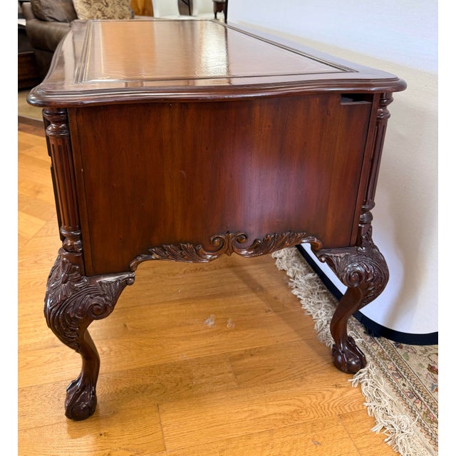 Sligh-Lowry Furniture Co. Sligh Carved Mahogany Leather Top Desk For Sale - Image 4 of 12