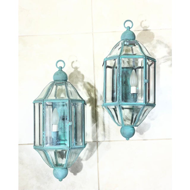 Pair of Vintage Solid Brass & Beveled Glass Wall Lantern - Sconces - Verdigris For Sale - Image 13 of 17