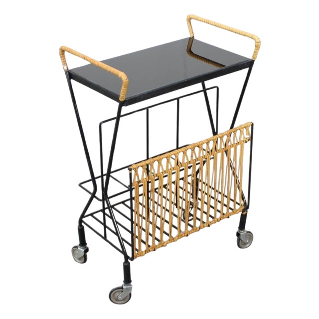 Mid-Century Rolling Magazine Rack Cart, Former Czechoslovakia, 1970s For Sale