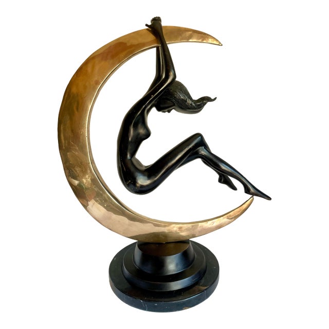 Art Deco Bronze Nude Figure Suspended in Brass Crescent Moon Sculpture on Marble Base For Sale