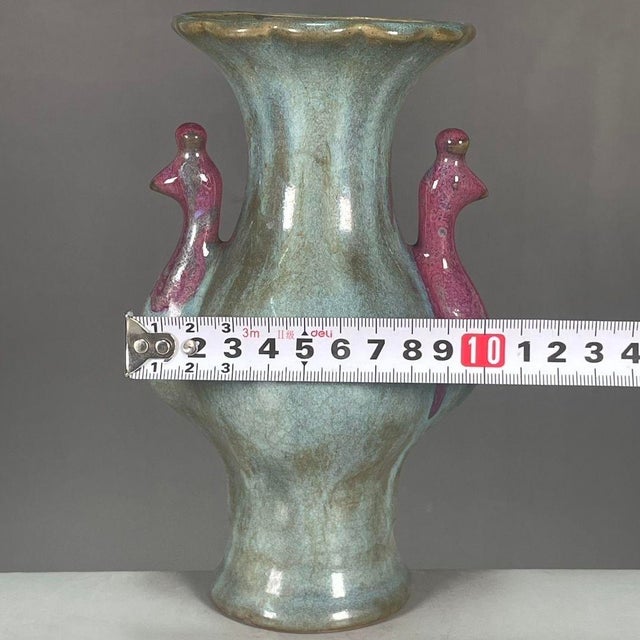 Gray Vintage Flambé Glaze Double-Handled Vase With Bird Motifs - 7" Tall For Sale - Image 8 of 9