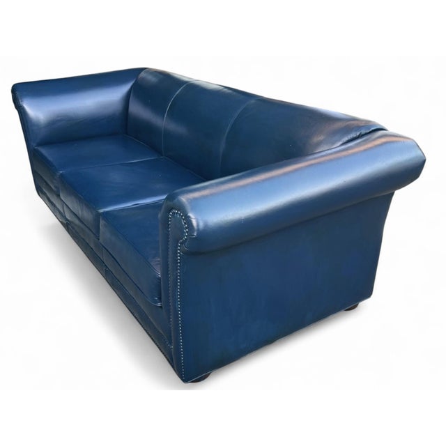 Navy Blue 1960s Navy Blue Leather Roll-Arm Sofa With Brass Nailhead Trim and Wooden Bun Feet For Sale - Image 8 of 12