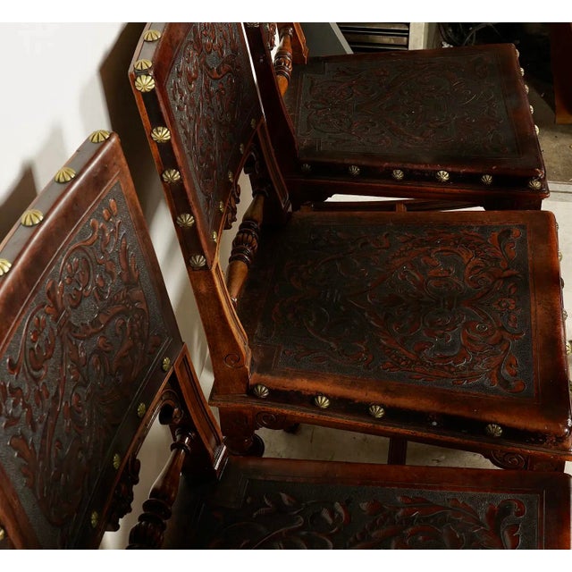 Early 20th Century Spanish Revival Leather Embossed Carved Dining Chairs-Set of 6 For Sale - Image 5 of 7
