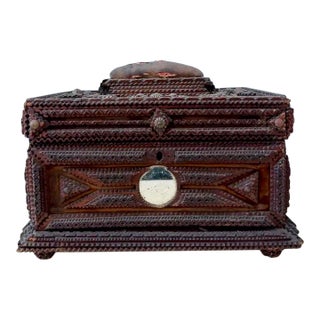 Vintage Folk Art Tramp Art Box With Mirror Detail For Sale