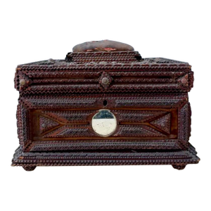Vintage Folk Art Tramp Art Box With Mirror Detail