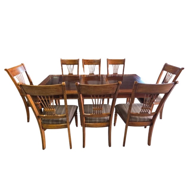 Wood Late 20th Century Traditional Expandable Wood Dining Table With 8 Upholstered Chairs – 9 Piece Set For Sale - Image 7 of 9