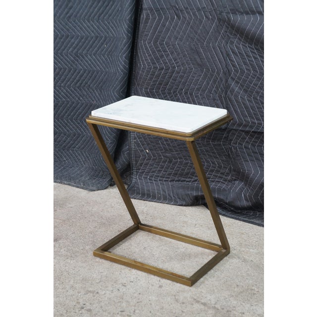 Late 20th Century Modern Chic Marble Top Brass Z Shaped Sofa End Side Table For Sale - Image 10 of 10