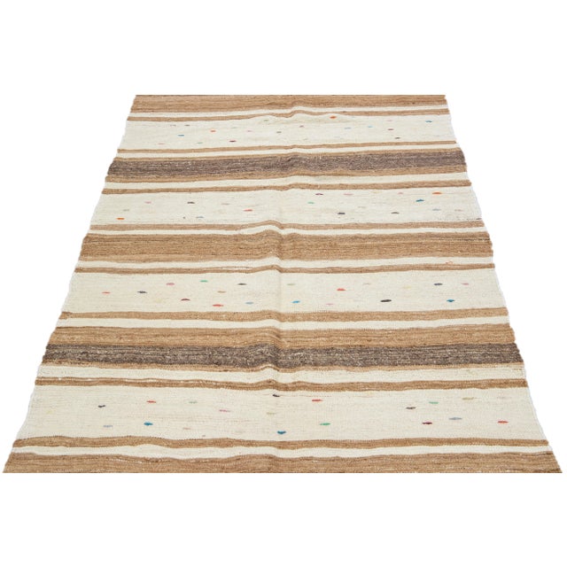 Turkish Vintage Turkish Kilim Flatweave Beige Stripes Wool Runner For Sale - Image 3 of 9