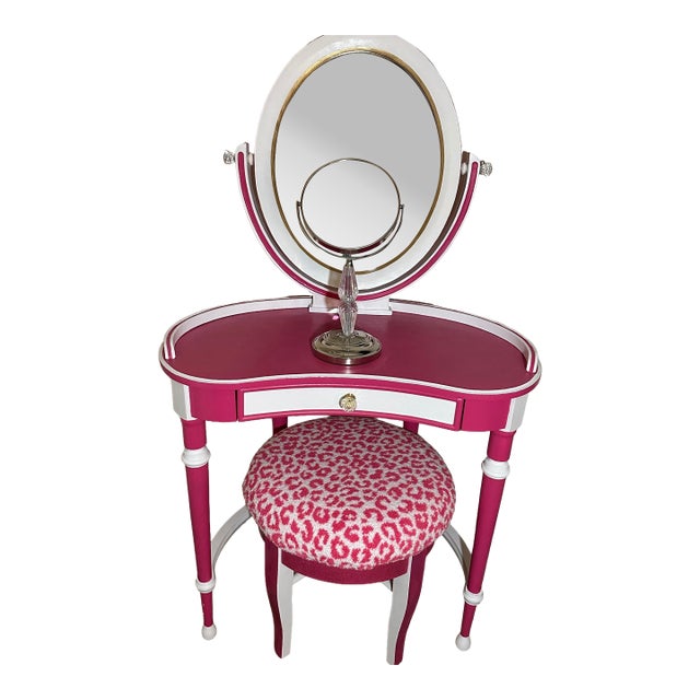 Fully Refurbished & Hand-Painted Whimsical Regency Pink Vanity Set With Swivel Mirror & Custom Leopard Stool – 3 Pieces For Sale