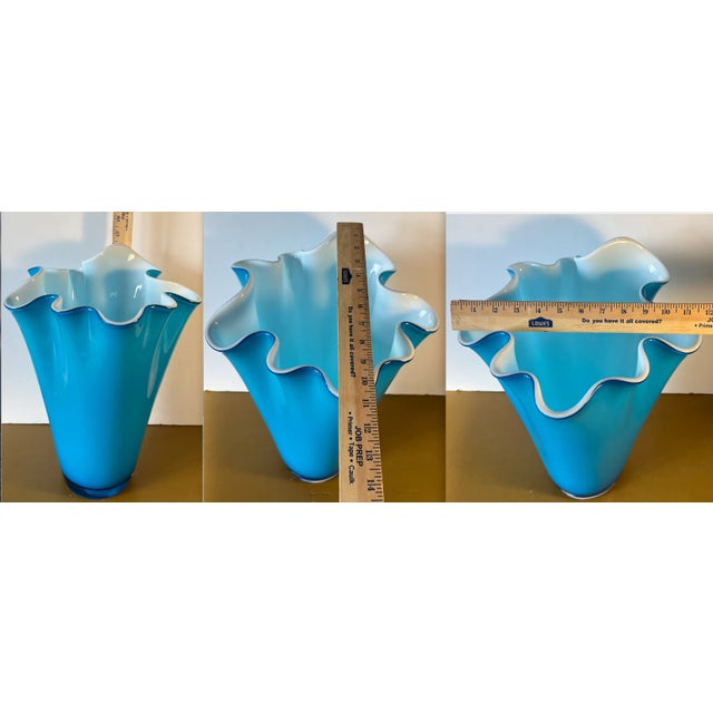 Vintage 16-In. Tall Art Glass Handkerchief Sky Blue Vase With White Cased Glass Interior For Sale - Image 12 of 12