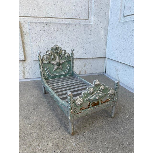 Folk Art Tramp Art Folk Art Dog Bed With Silver And Blue Paint For Sale - Image 3 of 12