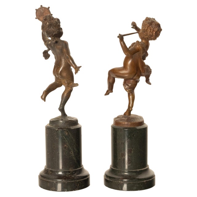 Pair Antique French Bronze Marble Putti Dancing Musicians Statues Sculpture 1860 For Sale - Image 4 of 13