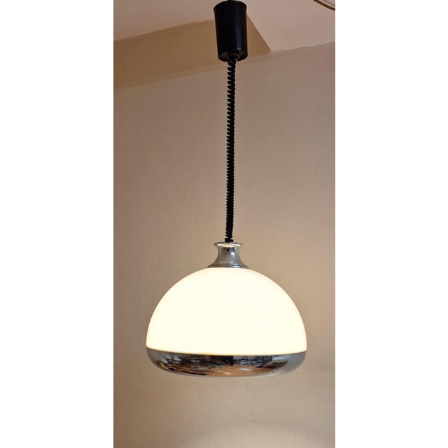 Vintage Height-Adjustable Ceiling Lamp with White Plastic Shade and Chrome-Plated Metal, 1970s For Sale - Image 3 of 8
