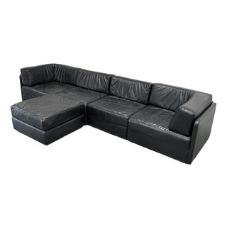 Modular Lounge Set in Black Leather, 1970s, Set of 5 For Sale